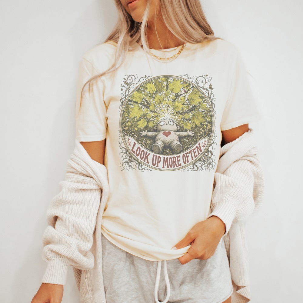 Look Up More Often Graphic Tee Whimsical Toy Autumn Leaves Art